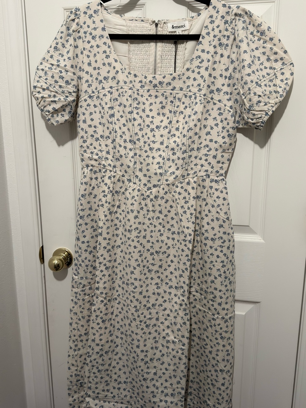 emrcei Cream Midi Dress with Blue Floral Print